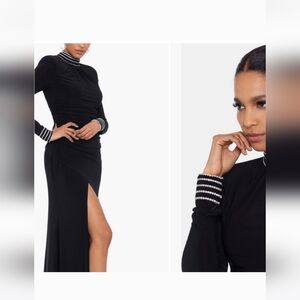 Betsy & Adam Stretchy evening black  Rhinestone Mock-Neck Long Sleeve Dress sz 4
